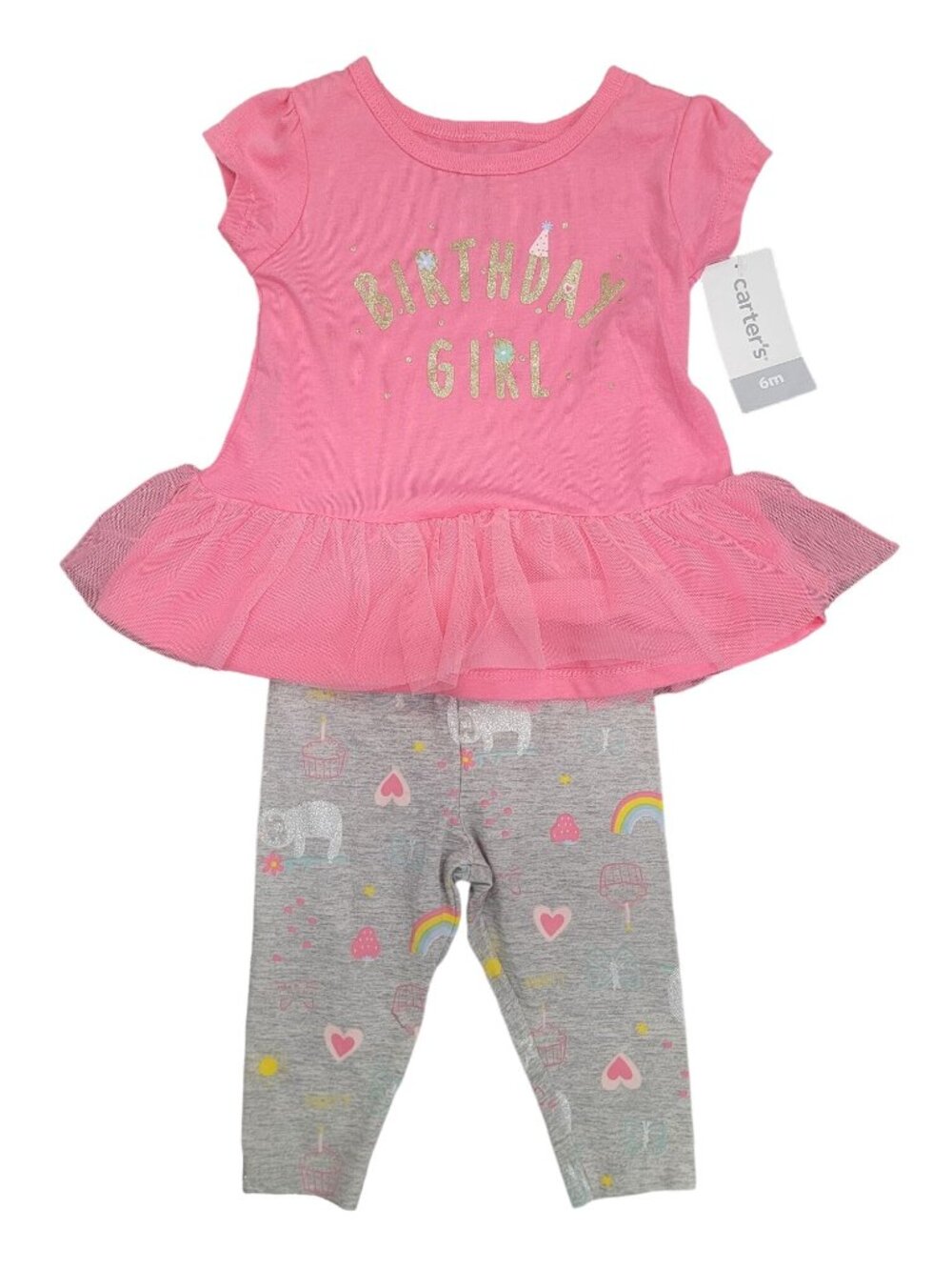 Carters Birthday Girl Outfit Pink Tulle Top & Grey Leggings 6M